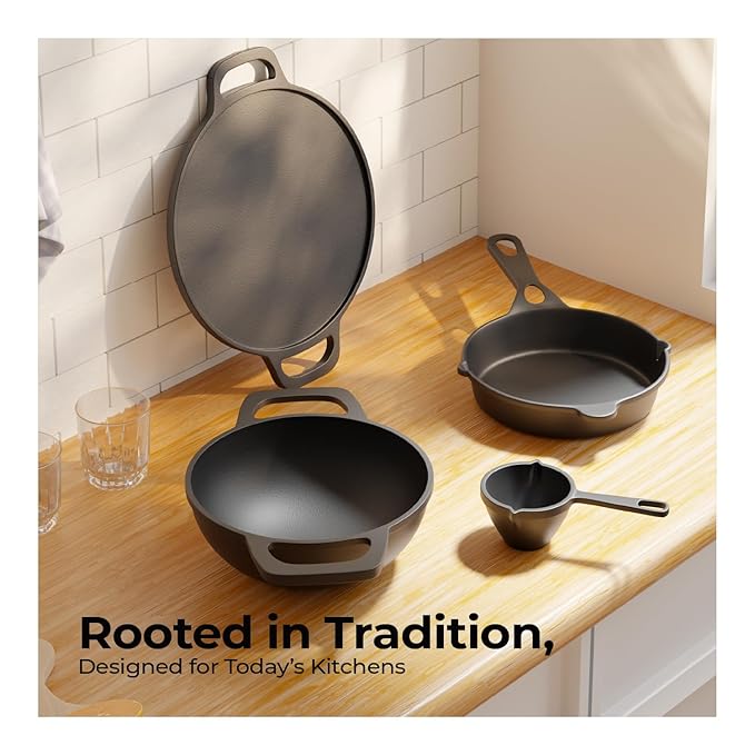 Lifelong Cast Iron Cookware Combo Set – 4-Piece Pre-Seasoned Tawa (30cm), Kadhai (24cm), Fry Pan (20cm) & Tadka Pan, Naturally Non-Stick, Gas & Induction Compatible (Black)