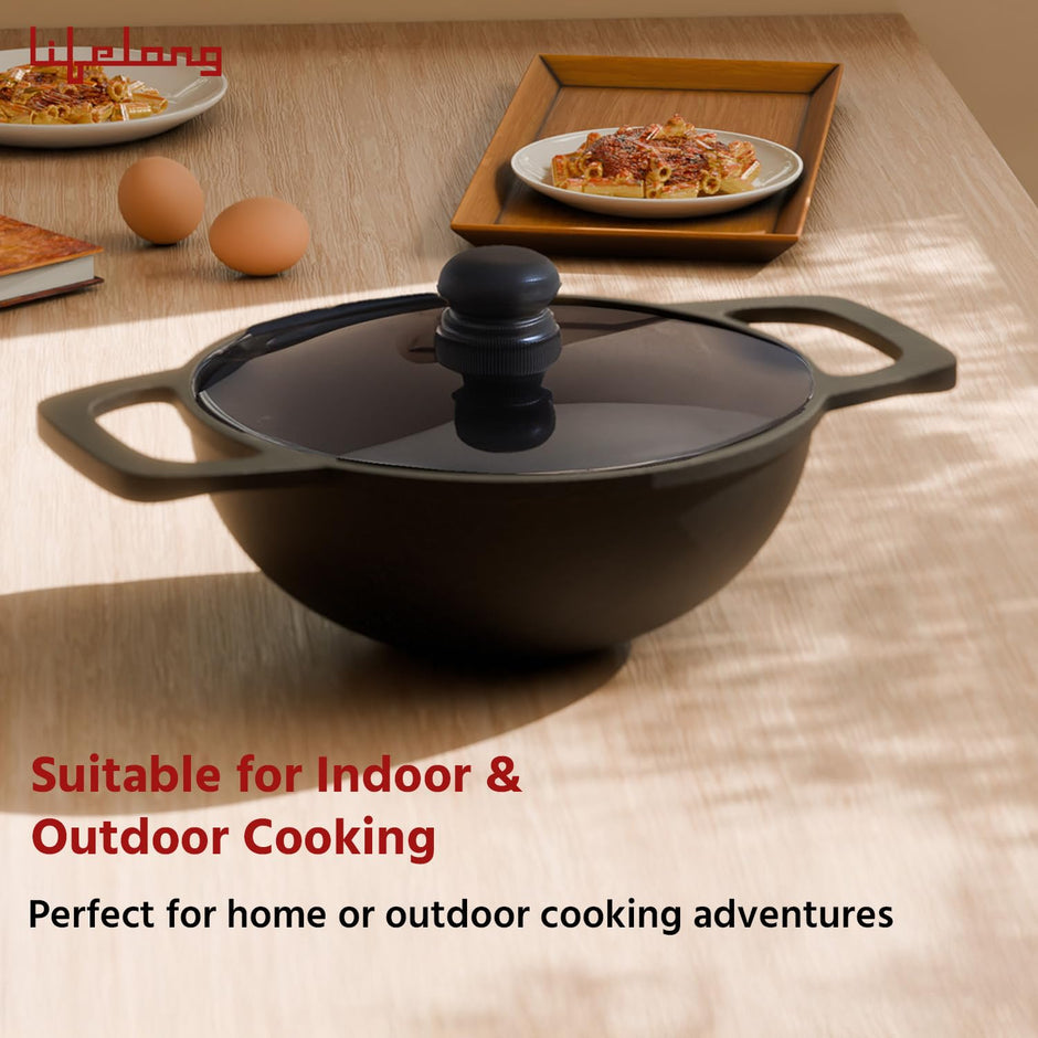 Lifelong Cast Iron Kadhai 20cm with Glass Lid & Spatula | Pre-Seasoned, Durable