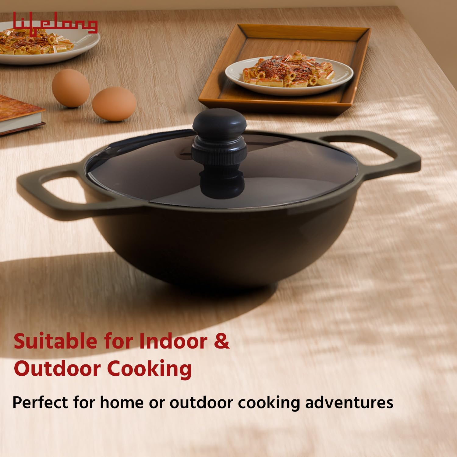 Lifelong Cast Iron Kadhai 20cm with Glass Lid & Spatula | Pre-Seasoned, Durable