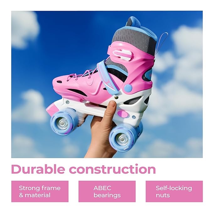 Kids Adjustable Inline Skating Shoes with LED Lights – Pink, Size 38–41 (L)