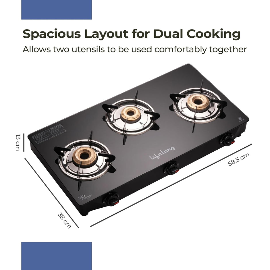 Lifelong 3 Burner Gas Stove Brass Burner Manual Ignition Cooktop Modern Glass Stove for Modular Kitchen
