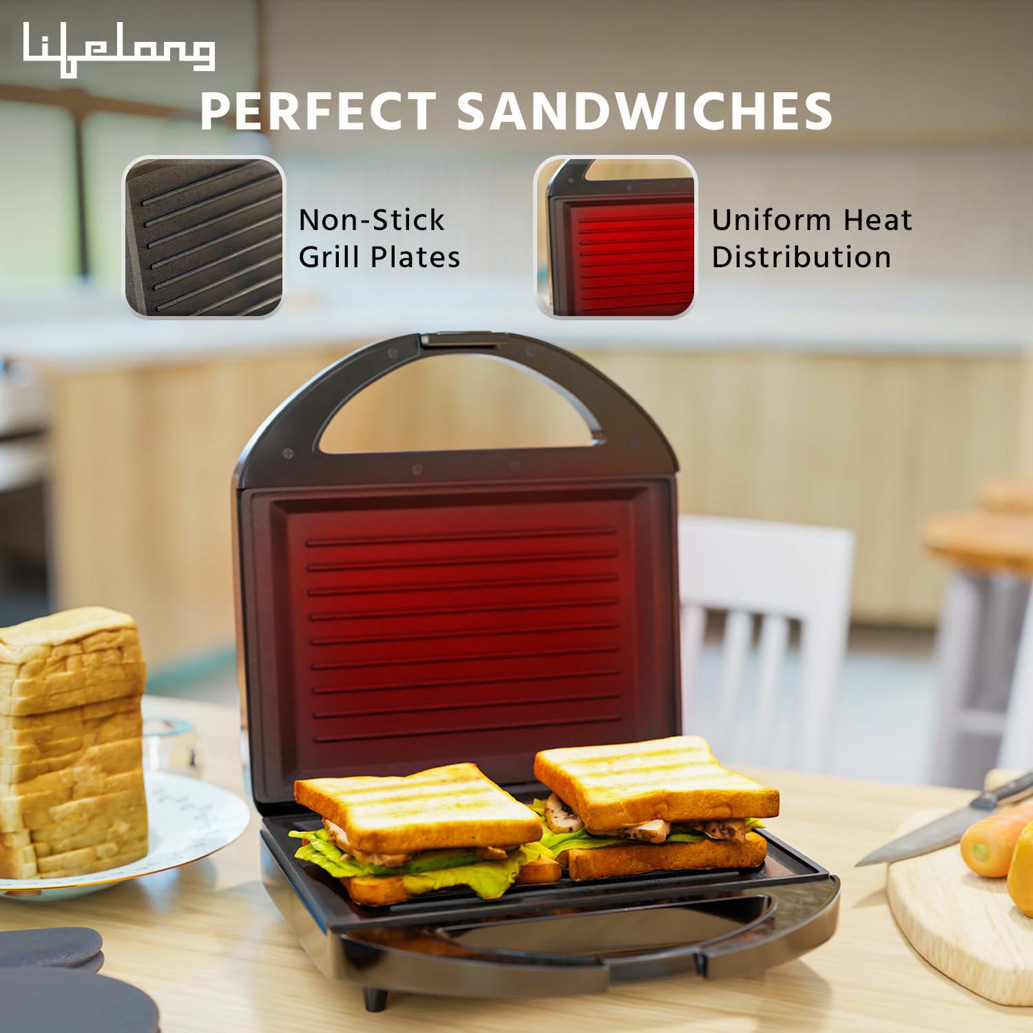 Lifelong LLSM120G Sandwich Griller, Classic Pro 750 W Sandwich Maker with 4 Slice Non-Stick Fixed Plates for Sandwiches at Home with 1 Year Warranty (Black)