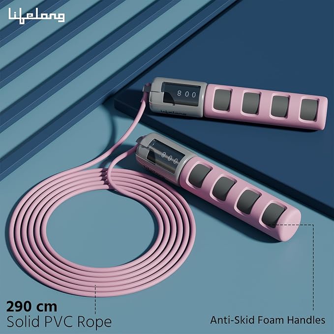 Lifelong Adjustable Skipping Rope with Counter – 290cm PVC Jump Rope (Pink)