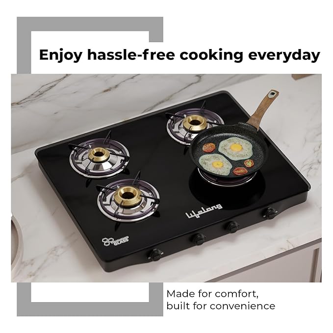 Lifelong 4 Burner Gas Stove with Free Gas Saver – ISI Certified Manual Ignition Glass Top Cooktop, LPG Compatible, Modern Design for Modular Kitchen