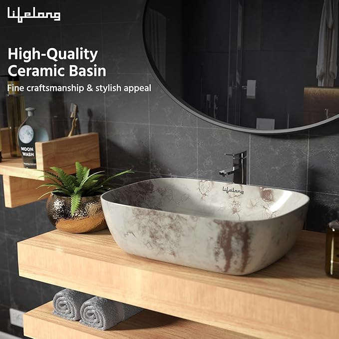 Ceramic Tabletop Wash Basin – Glossy Round Countertop Sink (White Brown)