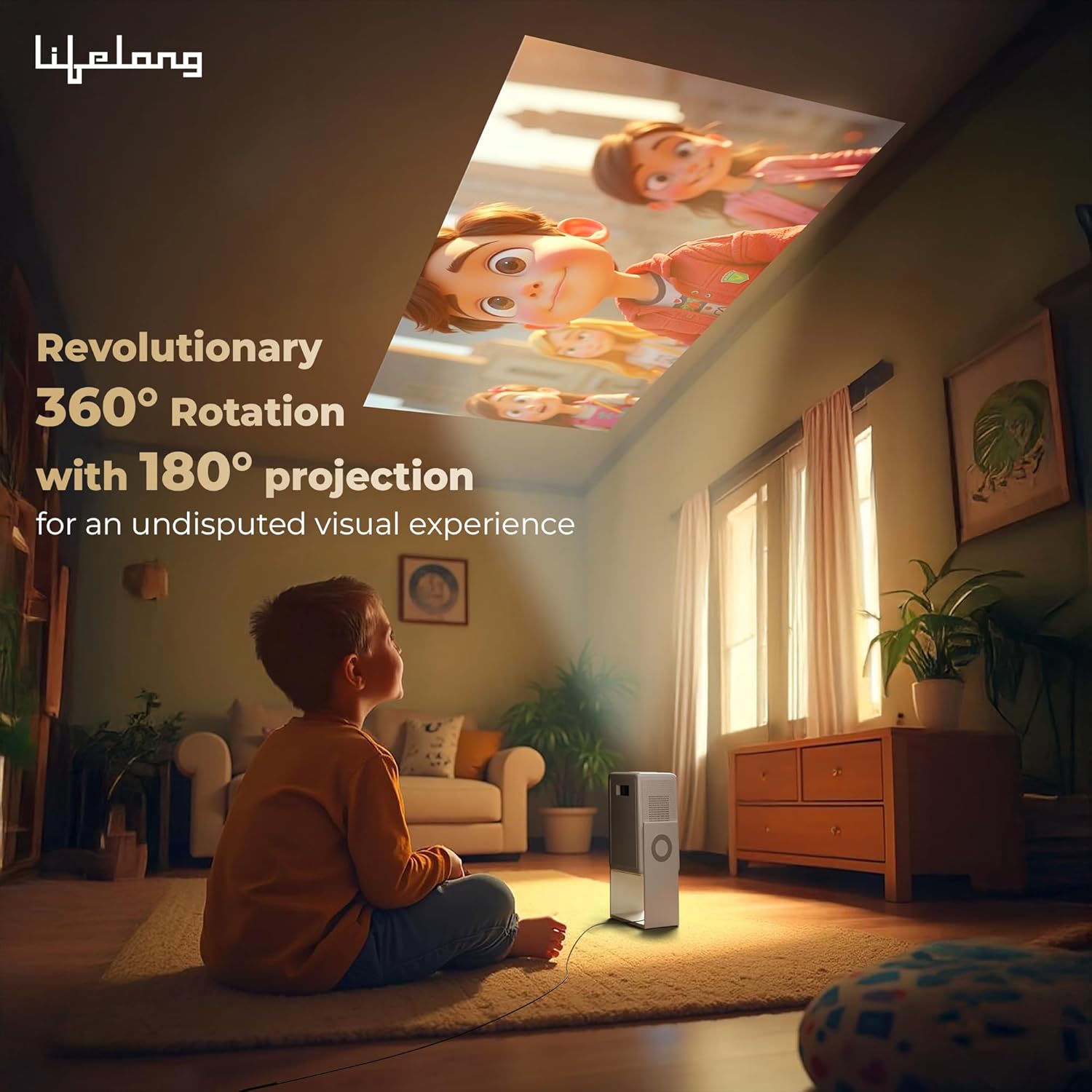 Lifelong Lightbeam 2 Pro Smart Projector – Full HD 1080P, 4K Support, 4000 Lumens, Android OS, Wi-Fi, Bluetooth Remote, HDMI 2.1, 150” Display with Dual Speakers