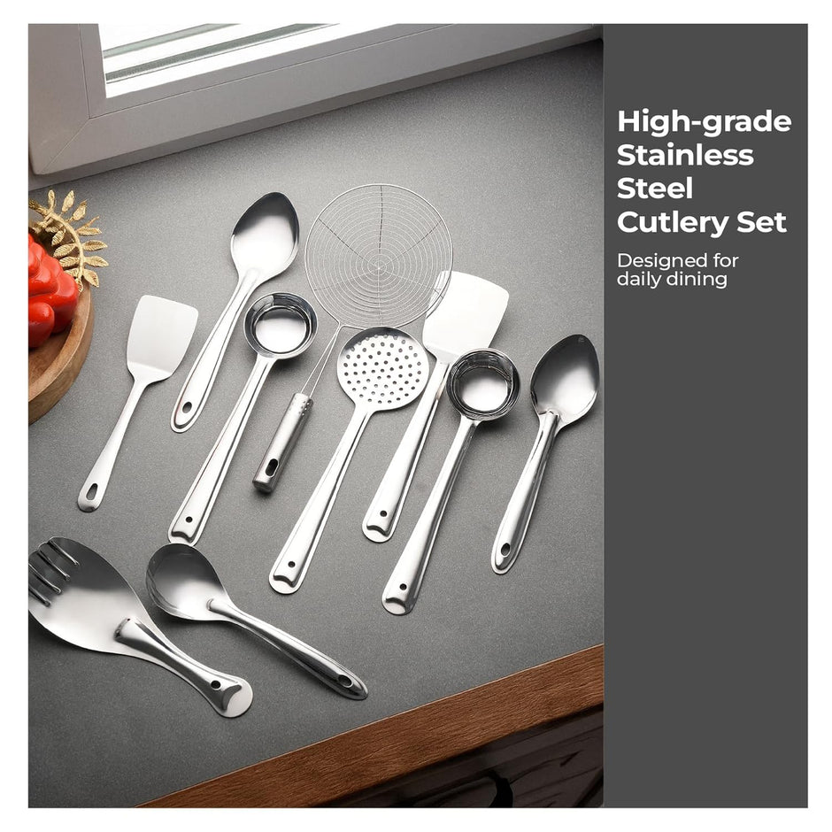 Lifelong Stainless Steel Cooking Utensils Set |10 Pieces Serving Spoon Set for Kitchen | Contains Ladle, Turner, Strainer, Rice Spoon,Oval Spoon & Serving Spoon |Kitchen Cooking Essential Set for Home