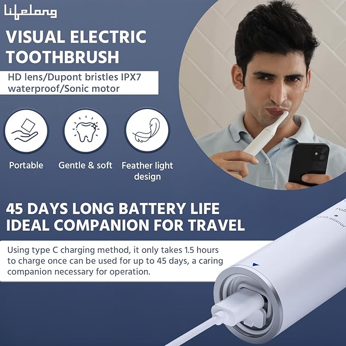 Rechargeable Electric Toothbrush with 3 Brush Heads & Camera – White (LLDC108)