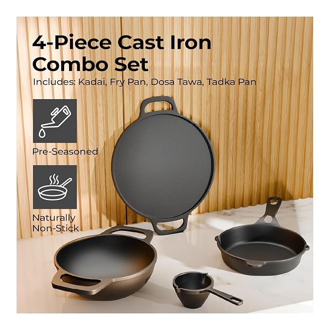 Lifelong Cast Iron Cookware Combo Set – 4-Piece Pre-Seasoned Tawa (30cm), Kadhai (24cm), Fry Pan (20cm) & Tadka Pan, Naturally Non-Stick, Gas & Induction Compatible (Black)