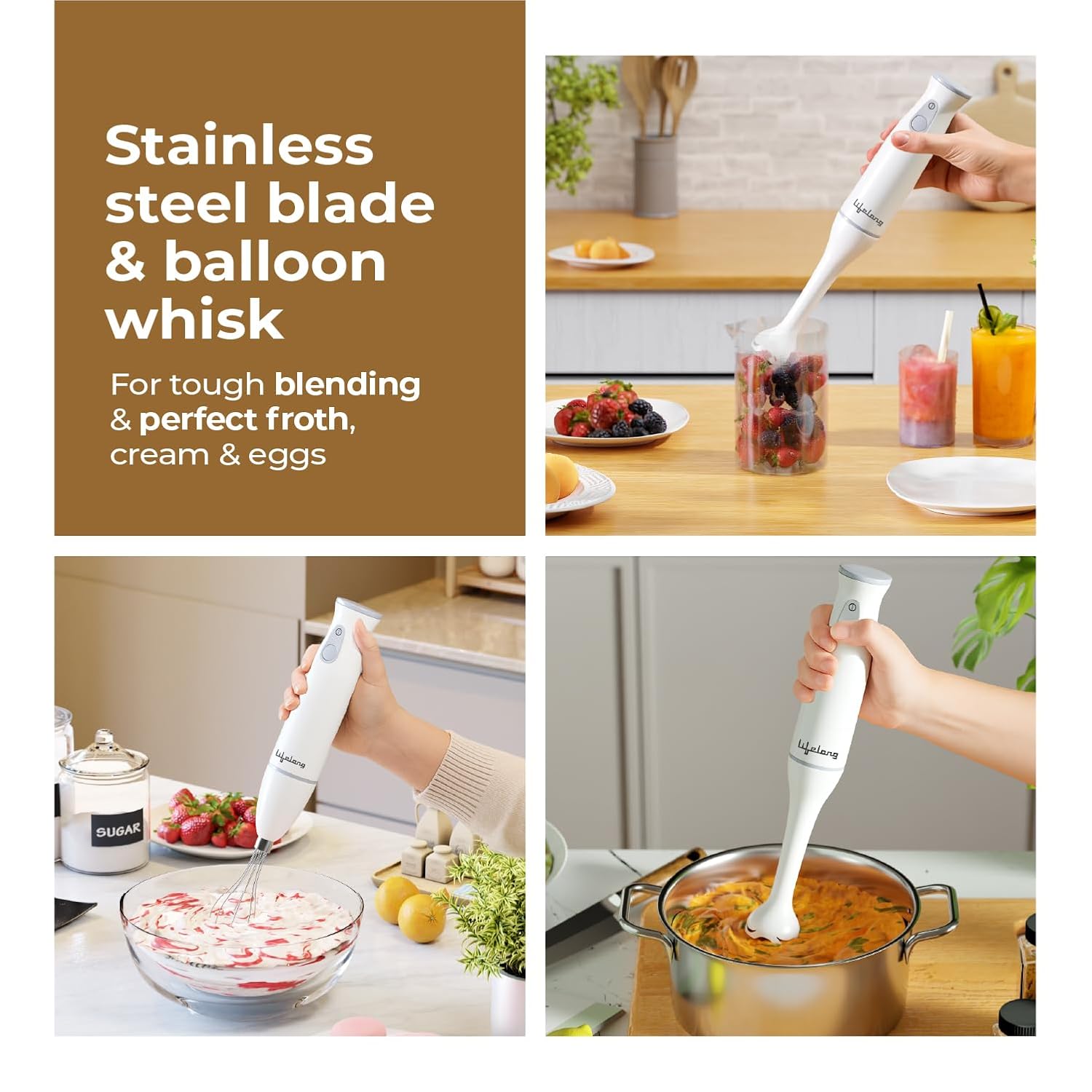 Lifelong 450W Low Noise Electric Blender with Chopper, Beaker, Whisk & Frother | Multipurpose Kitchen Appliance for Smoothies, Baby Food, Cake Mixing & Coffee Frothing| Stainless Steel Blades(LLHBZ07)