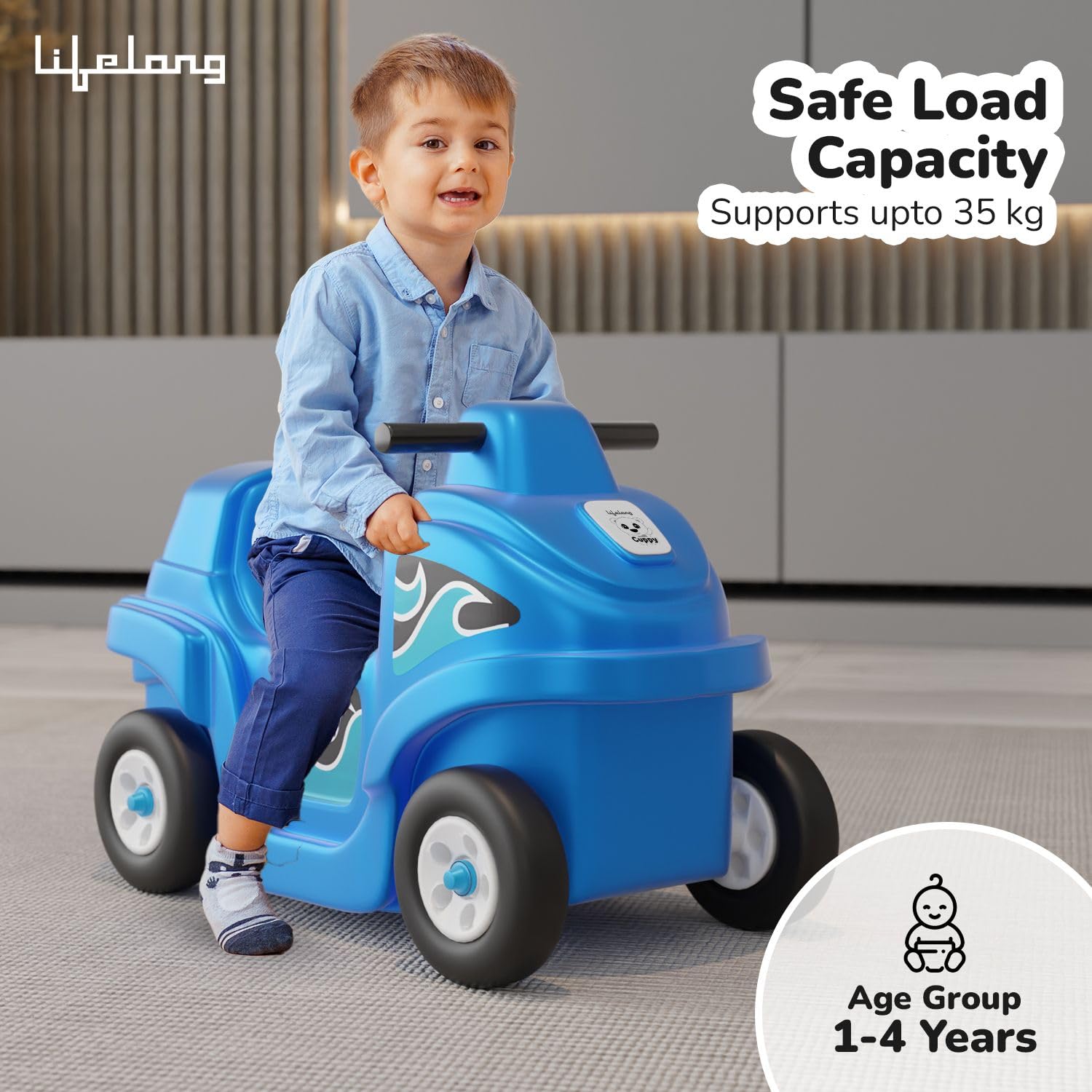 Lifelong Cuppy Coaster Ride-On Car for Kids | 4-Wheel Push Car for Toddlers 1+ Years | Durable, Safe & Fun Indoor-Outdoor Toy Car (35kg Capacity, Blue)