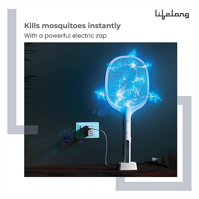 Lifelong 2-in-1 Foldable Electric Mosquito Racket – Rechargeable 1200mAh Bat with UV Light Trap, Type-C Charging & Base Stand