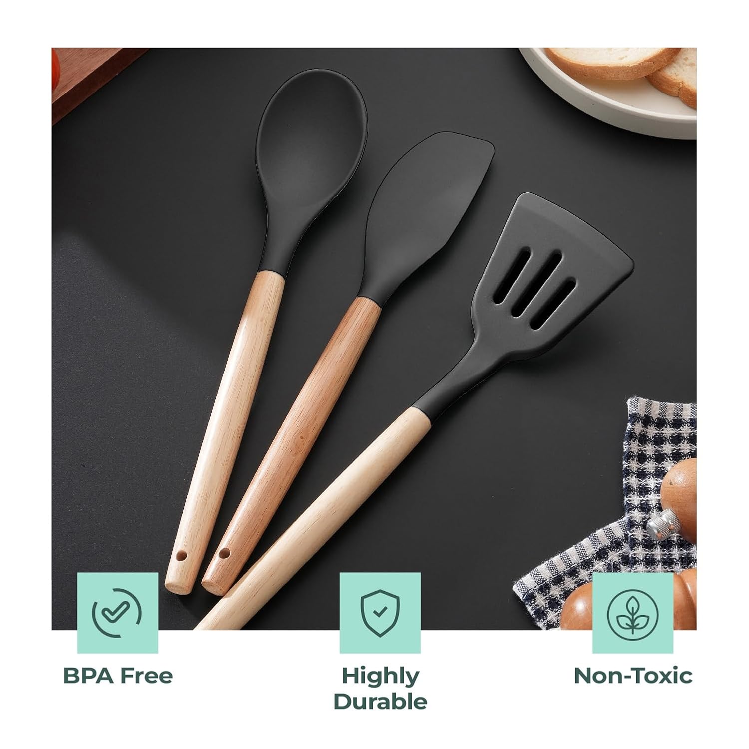 Lifelong Non-Stick Silicone Spatula Set | Set of 3-Spoon Spatulas, Slotted Turner, and Soup Ladle | Dishwasher Safe, Silicone Spatulas with Wooden Handle for Serving & Cooking | (LLCTSLW03,Black)