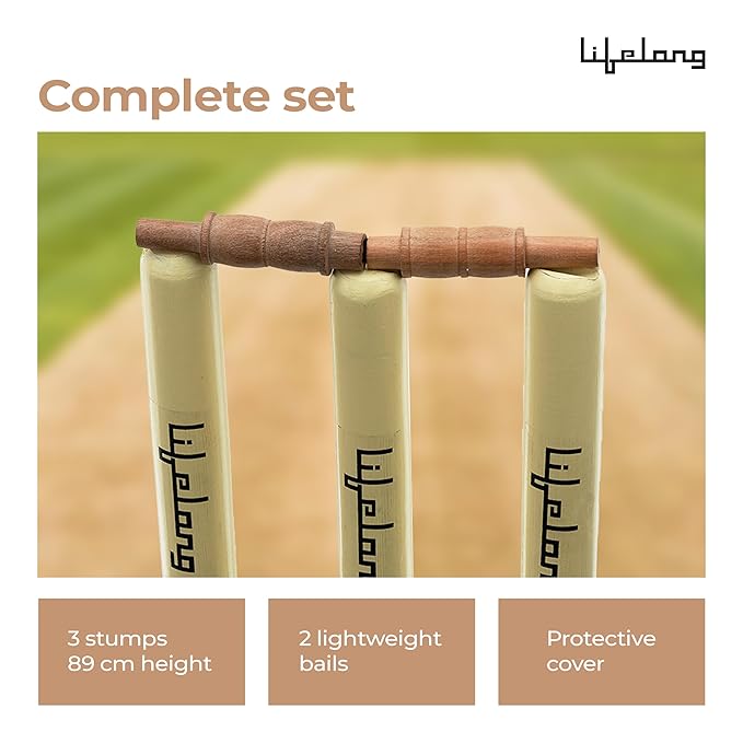 Lifelong Wooden Cricket Stumps Set – Standard Size Wickets with 2 Bails & Protective Cover, Durable Poplar Wood