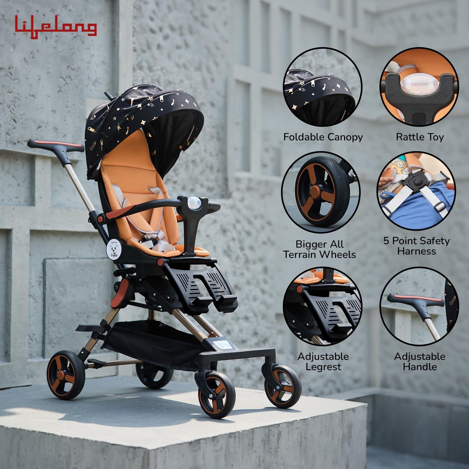 Lifelong Cuppy Baby Stroller – 0–36 Months, 360° Rotating Seat, Safety Certified Lightweight Foldable Pram with Recline & Soft Cushion Seat