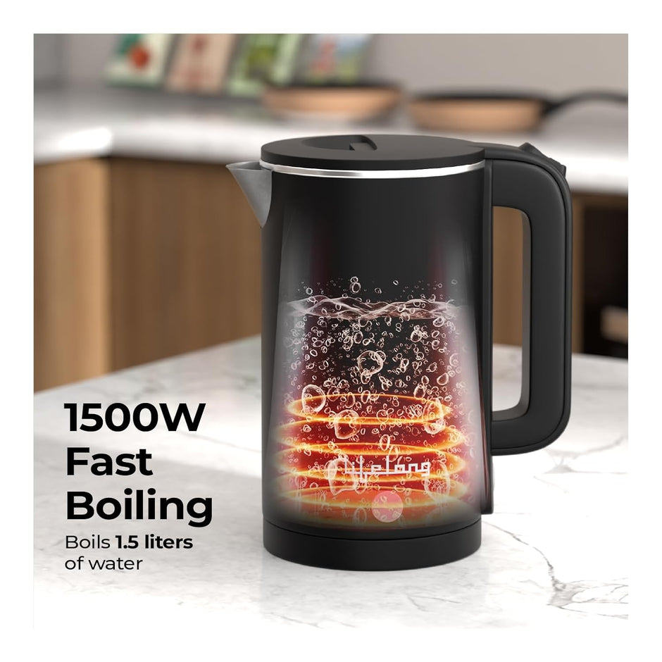 Lifelong 1.5L Electric Kettle – 1500W Stainless Steel Double Wall Kettle with Cool Touch Body, Auto Shut-Off & Overheat Protection (Black