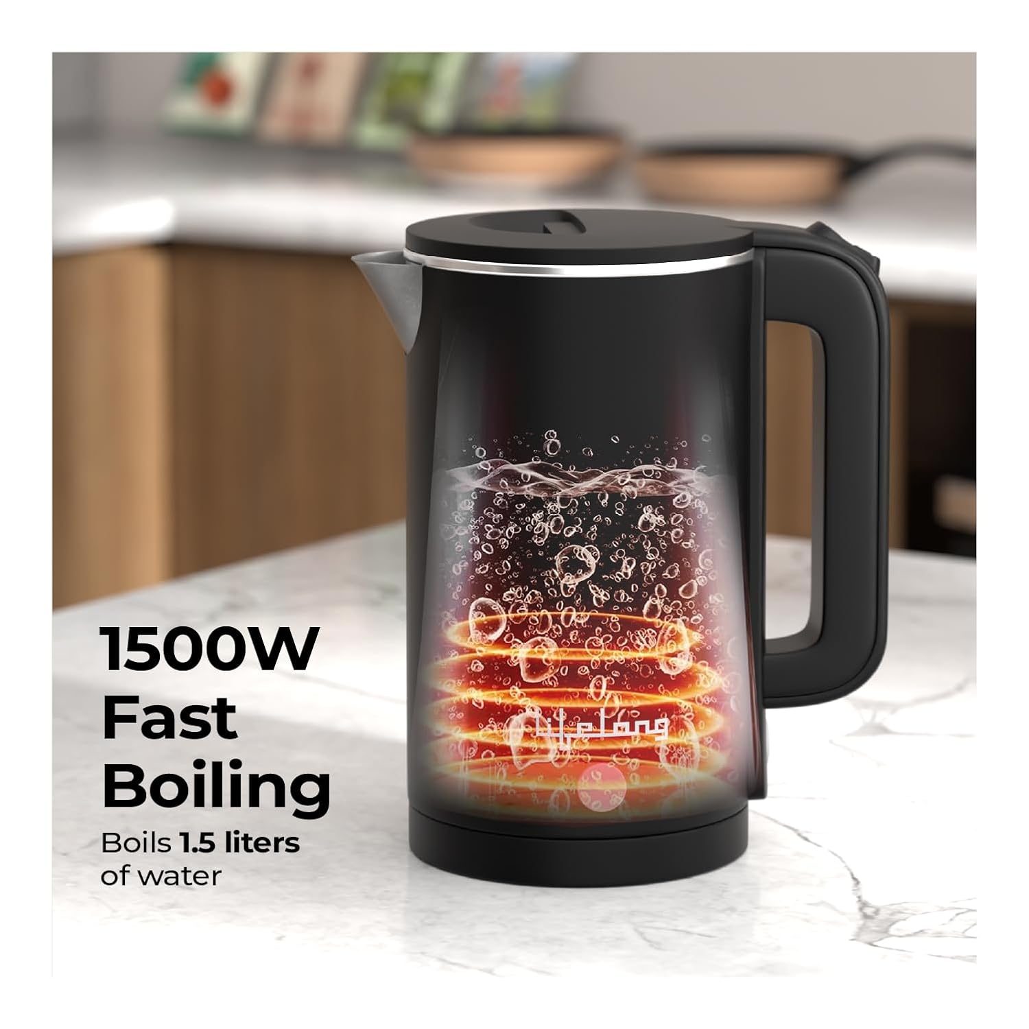 Lifelong 1.5L Electric Kettle – 1500W Stainless Steel Double Wall Kettle with Cool Touch Body, Auto Shut-Off & Overheat Protection (Black