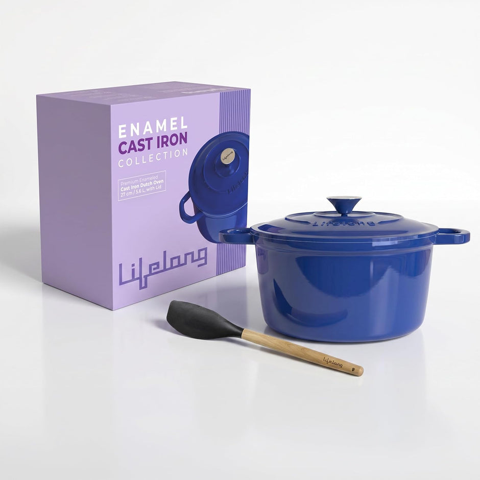 Lifelong Enamel Cast Iron Dutch Oven with Lid (5.6L, 28cm) | Oven, Gas & Induction Compatible