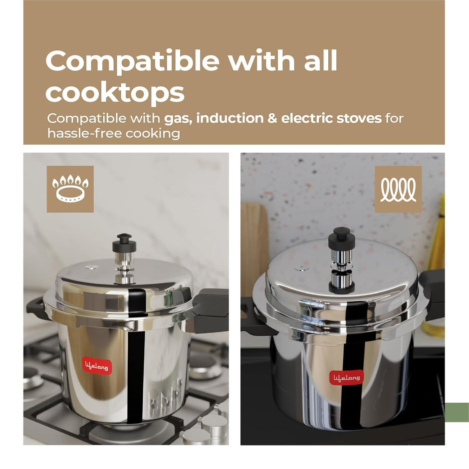 Lifelong Stainless Steel Pressure Cooker – 5 Liters, ISI Certified Outer Lid, Induction & Gas Compatible, Lock System, 5 Year Warranty (Silver)