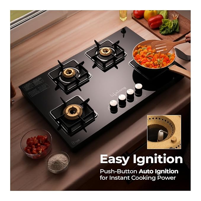 Lifelong 4 Burner Hob Gas Stove – Auto Ignition, Toughened Glass Top (LLHT008)
