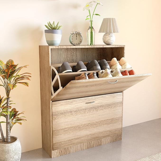 2-Drawer Wooden Shoe Cabinet with Flip-Down Doors
