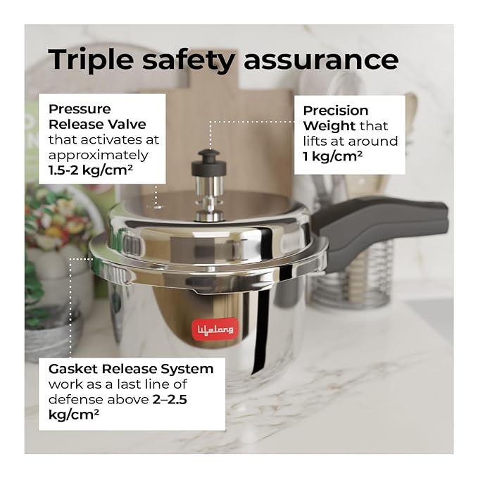 Lifelong Stainless Steel Pressure Cooker – 3 Liters, ISI Certified Outer Lid, Induction & Gas Compatible, Lock System (Silver)