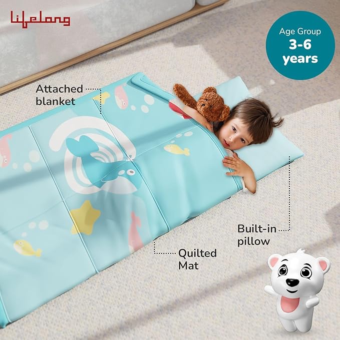 Lifelong Cuppy Toddler Nap Mat with Pillow | Soft & Portable Sleeping Bag for Kids | Roll-Up Travel Mat for Preschool, Daycare & Home (Ages 1+ Years)