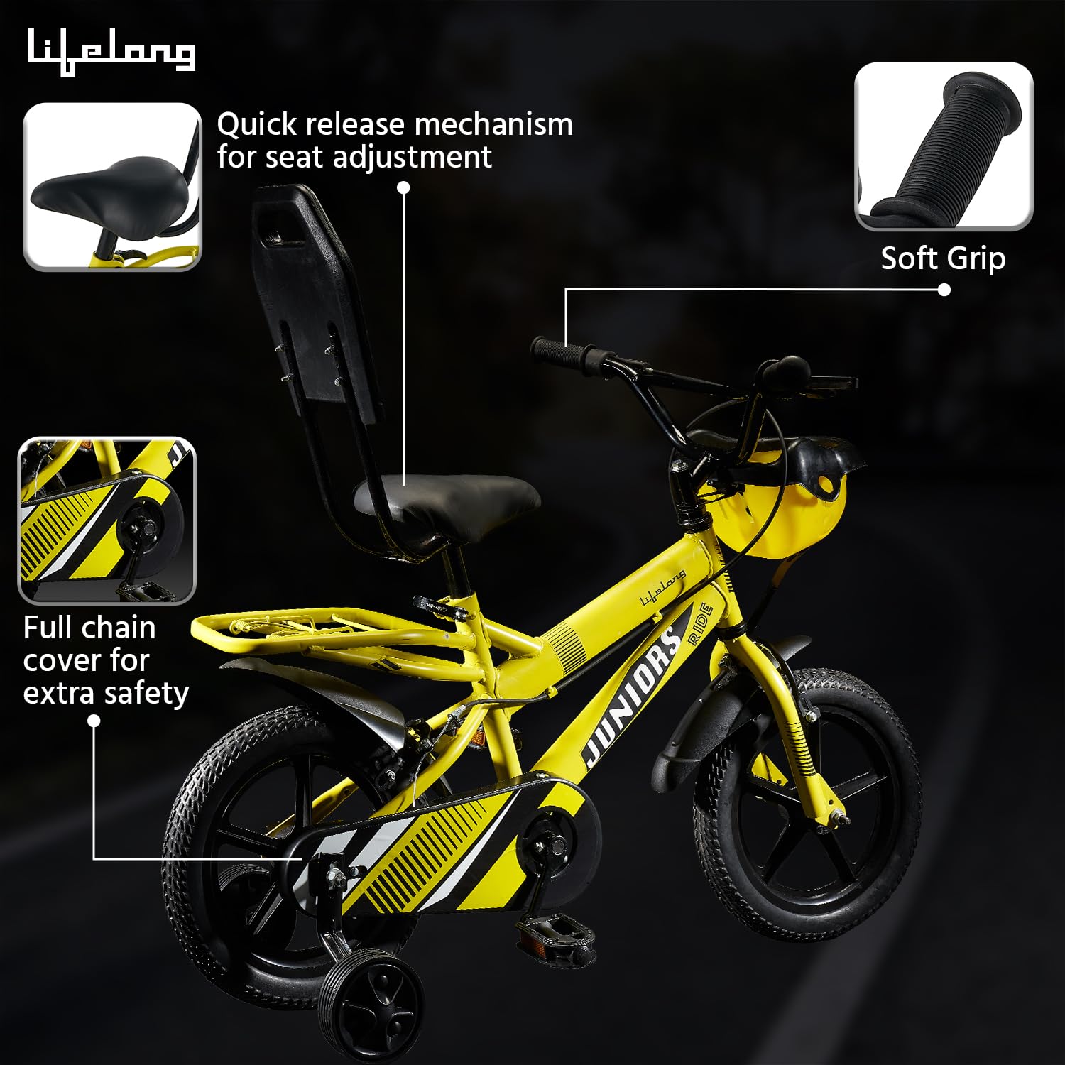 14T Kids Cycle with Balance Wheels – Bike for Boys & Girls 2–5 Years (Juniors Ride, Yellow)