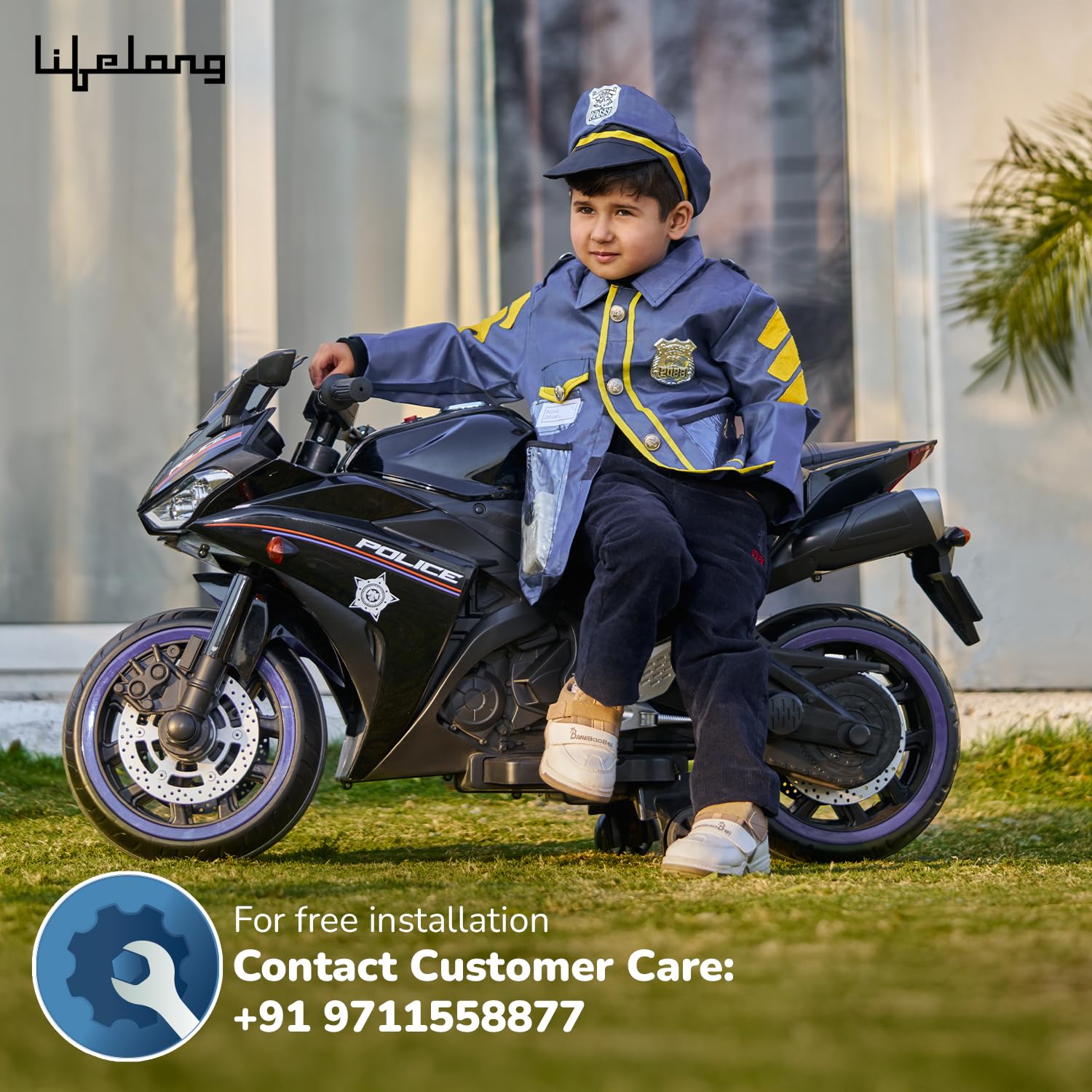 Lifelong Cuppy Electric Ride-On Police Bike for Kids – LED Lights, Bluetooth Music, Battery Bike 2+ Years