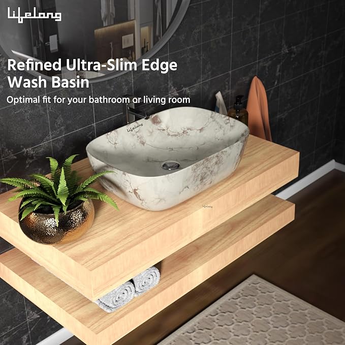 Ceramic Tabletop Wash Basin – Glossy Round Countertop Sink (White Brown)