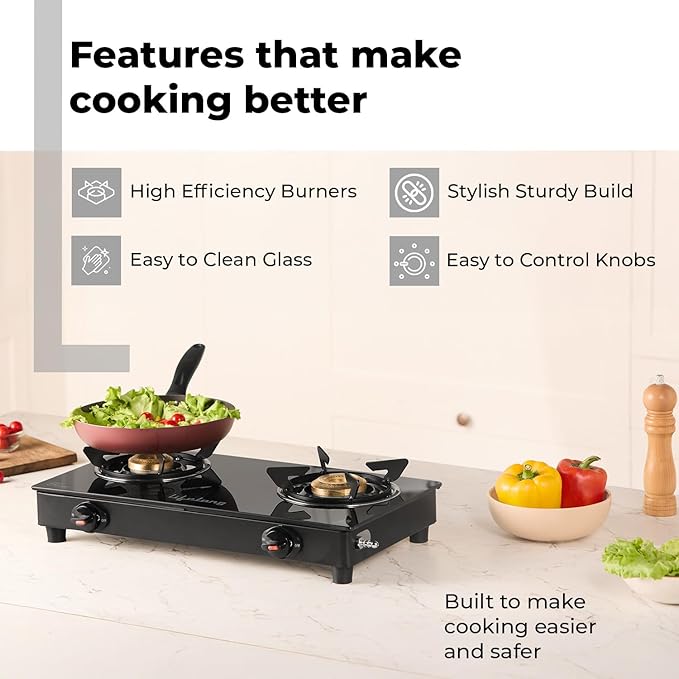 Lifelong 2 Burner Gas Stove with Free Gas Saver – ISI Certified Manual Ignition Glass Top Cooktop, LPG Compatible, Modern Kitchen Design (1 Year Warranty)