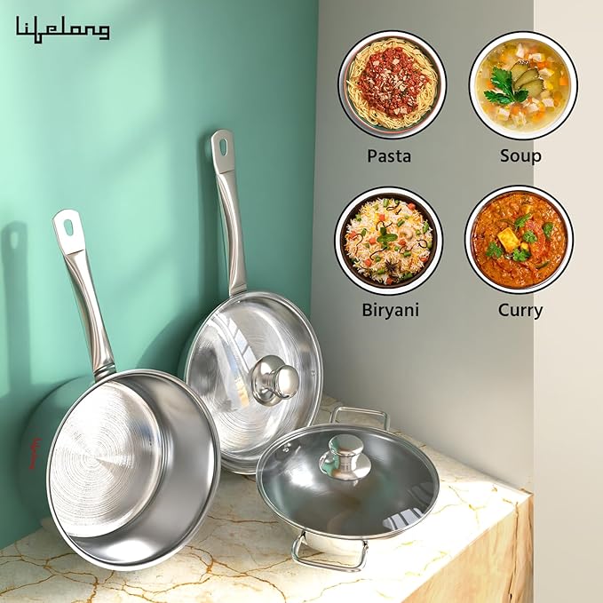 Lifelong Stainless Steel Cookware Set – Kadai, Fry Pan (22cm) with Glass Lid & Saucepan (14cm), Sandwich Bottom, Induction & Gas Compatible