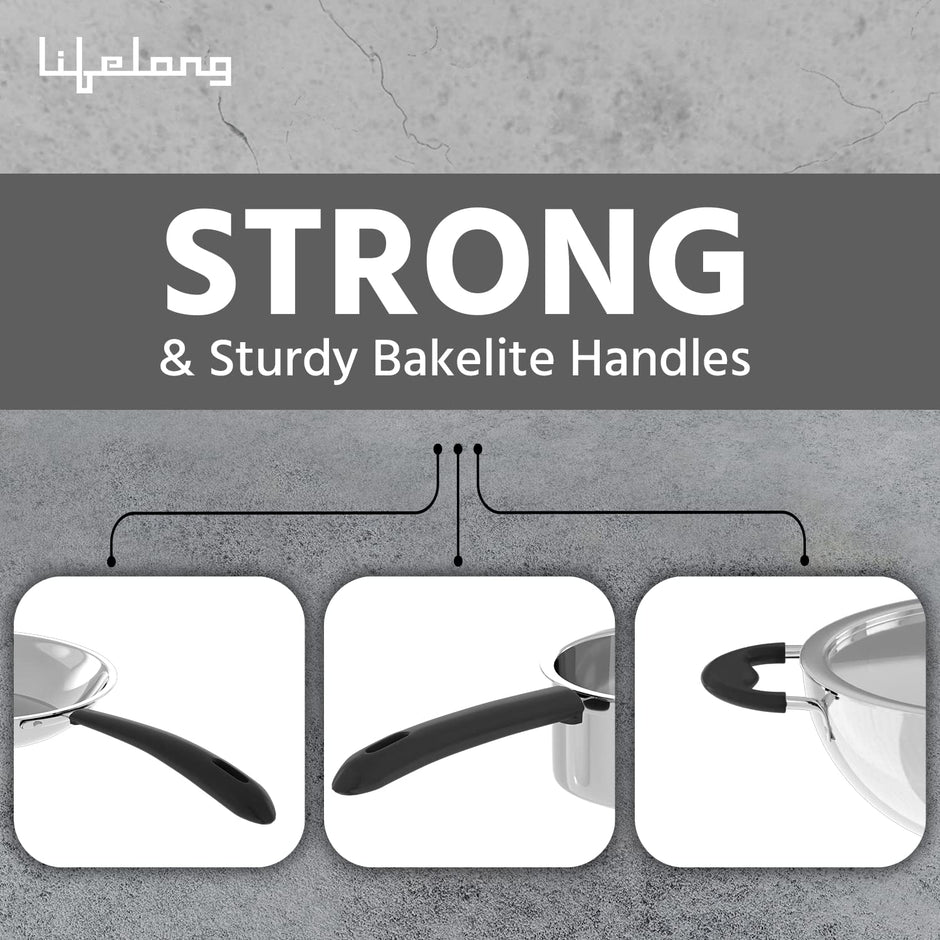 Lifelong 3 pc Cookware | 2 Litre Stainless Steel Kadhai with SS Lid 23 CM