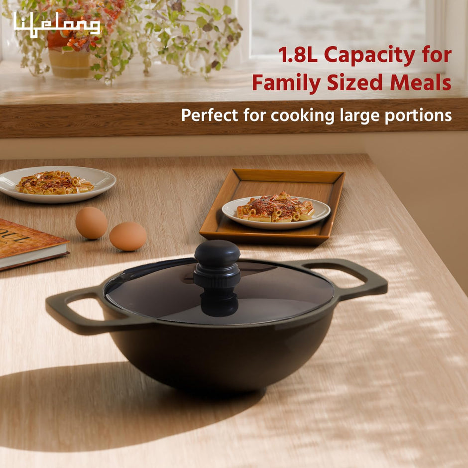 Lifelong Cast Iron Kadhai 20cm with Glass Lid & Spatula | Pre-Seasoned, Durable