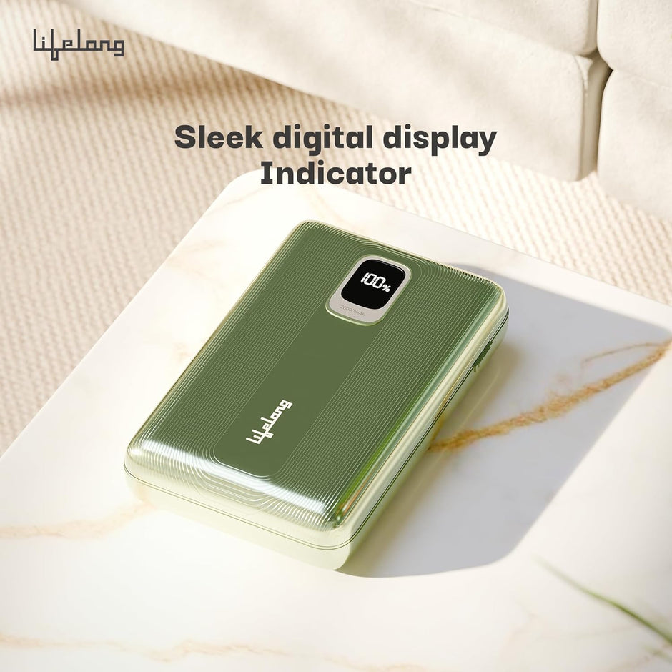 Lifelong 20000mAh Power Bank – 22.5W PD Fast Charging with Digital Display, Type-C Input, 3 Output Ports & Quick Charge 3.0 (Green, Cable Included)