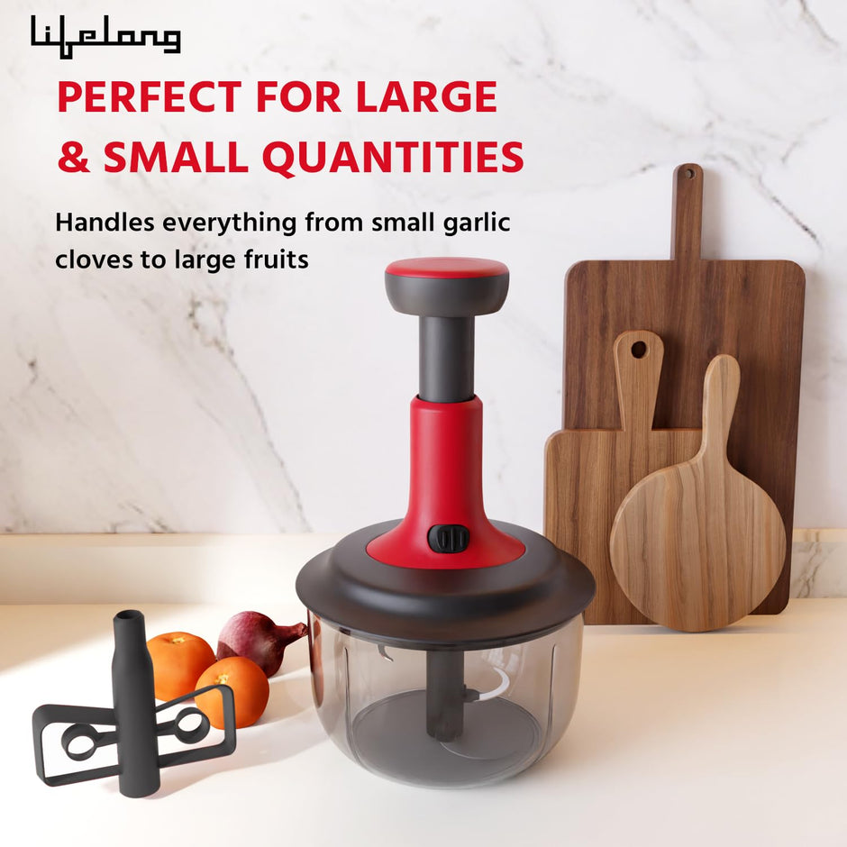 Lifelong Push Chopper 1600ml with Whisker | Versatile Multi-Purpose Vegetable, Onion, and Garlic Chopper, Ideal Manual Kitchen Cutter for Effortless Food Preparation(LLKT001,Red) 1600 ml with Whisker