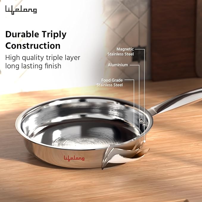 Tri-Ply Stainless Steel Fry Pan – 22 cm, 1.25L (Silver)