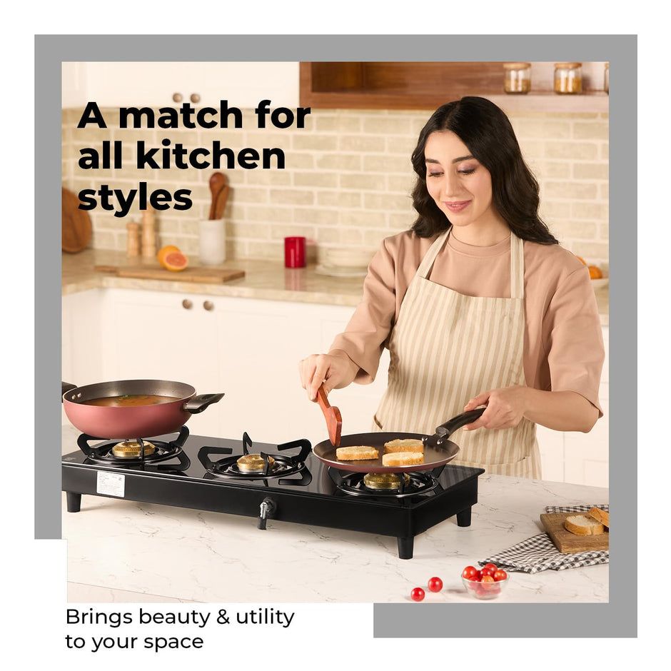 3 Burner Glass Gas Stove with Free Gas Saver – ISI Certified, LPG Compatible