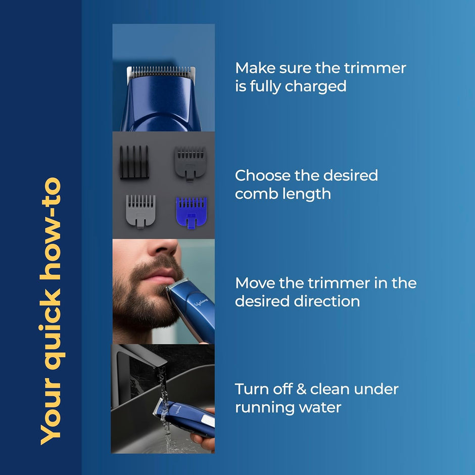Lifelong Trim EZ Rechargeable Beard Trimmer for Men | SkinProtect Blades, Cordless Groomer with 4 Attachments, Type-C Charging & 60 Min Runtime