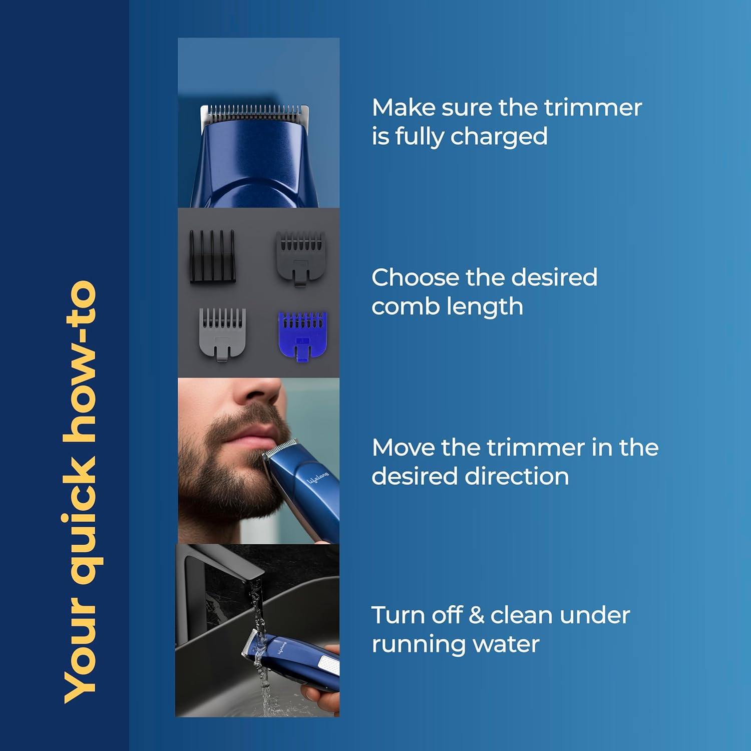 Lifelong Trim EZ Rechargeable Beard Trimmer for Men | SkinProtect Blades, Cordless Groomer with 4 Attachments, Type-C Charging & 60 Min Runtime