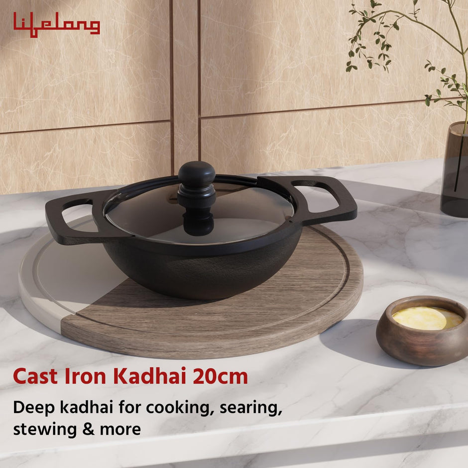 Lifelong Cast Iron Kadhai 20cm with Glass Lid & Spatula | Pre-Seasoned, Durable