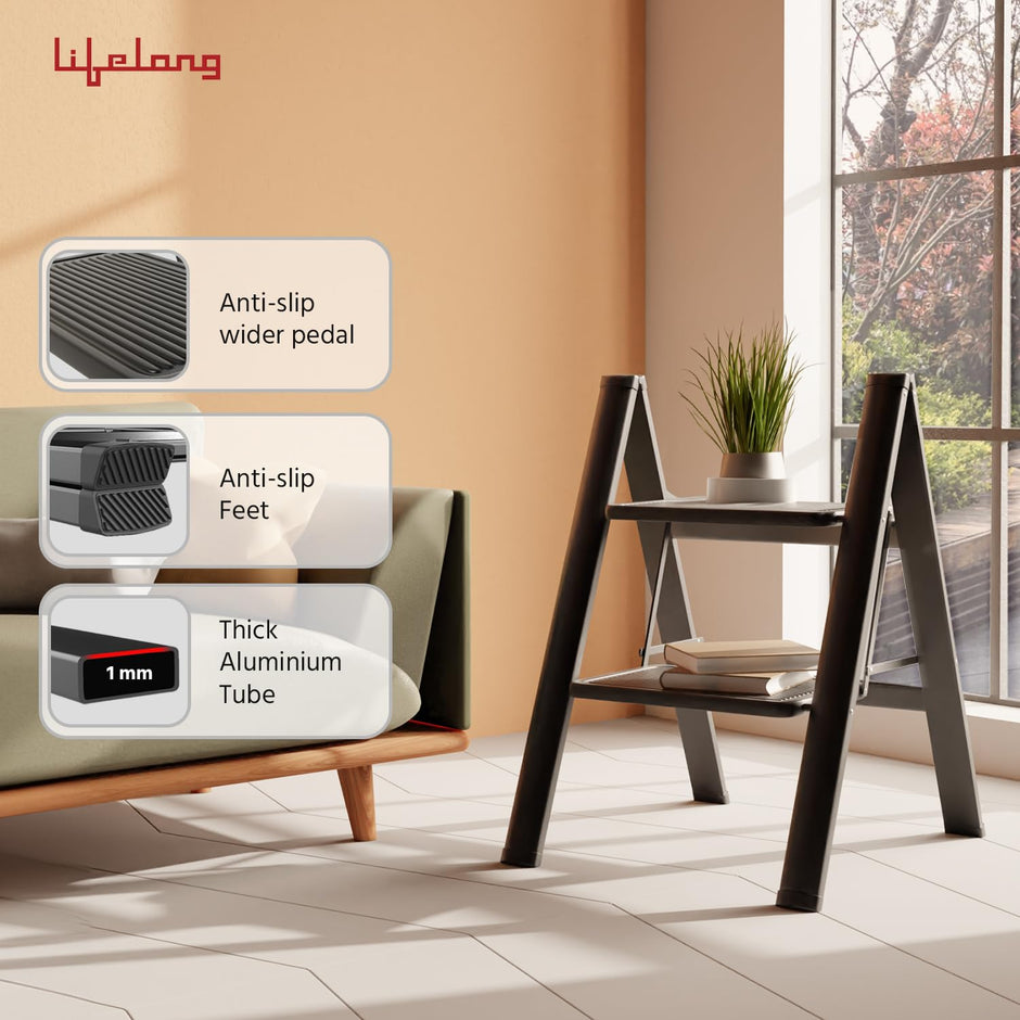 Lifelong 2-Step Steel Ladder – Foldable, Portable Multipurpose Stool, 150Kg Capacity