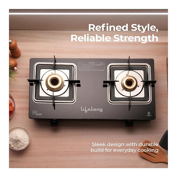 Lifelong 2 Burner Glass Gas Stove – Square Pan Support, ISI Certified, Black