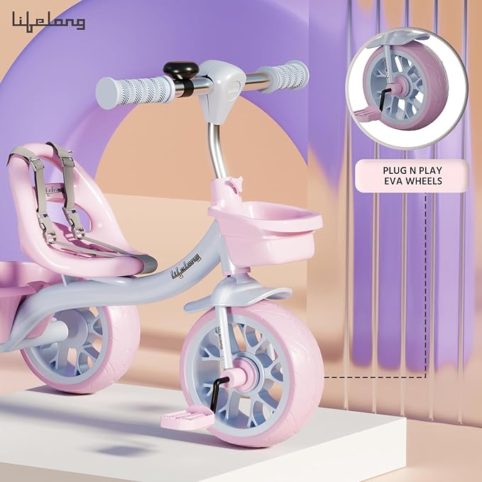 Kids Trike Cycle 2–5 Years – Baby Tricycle with Bell & Basket, 30Kg Capacity (Pink & Lavender)
