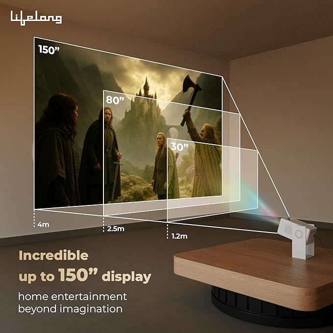 Lifelong Lightbeam 2 Pro Smart Projector – Full HD 1080P, 4K Support, 4000 Lumens, Android OS, Wi-Fi, Bluetooth Remote, HDMI 2.1, 150” Display with Dual Speakers