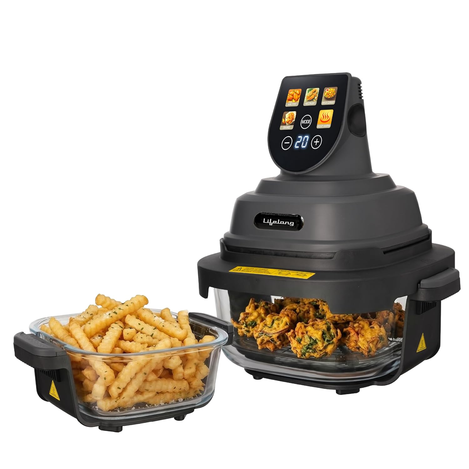 Lifelong Dual Glass Basket Air Fryer | Interchangeable Borosilicate Glass Bowls (4.1L, 1.6L) with Lids