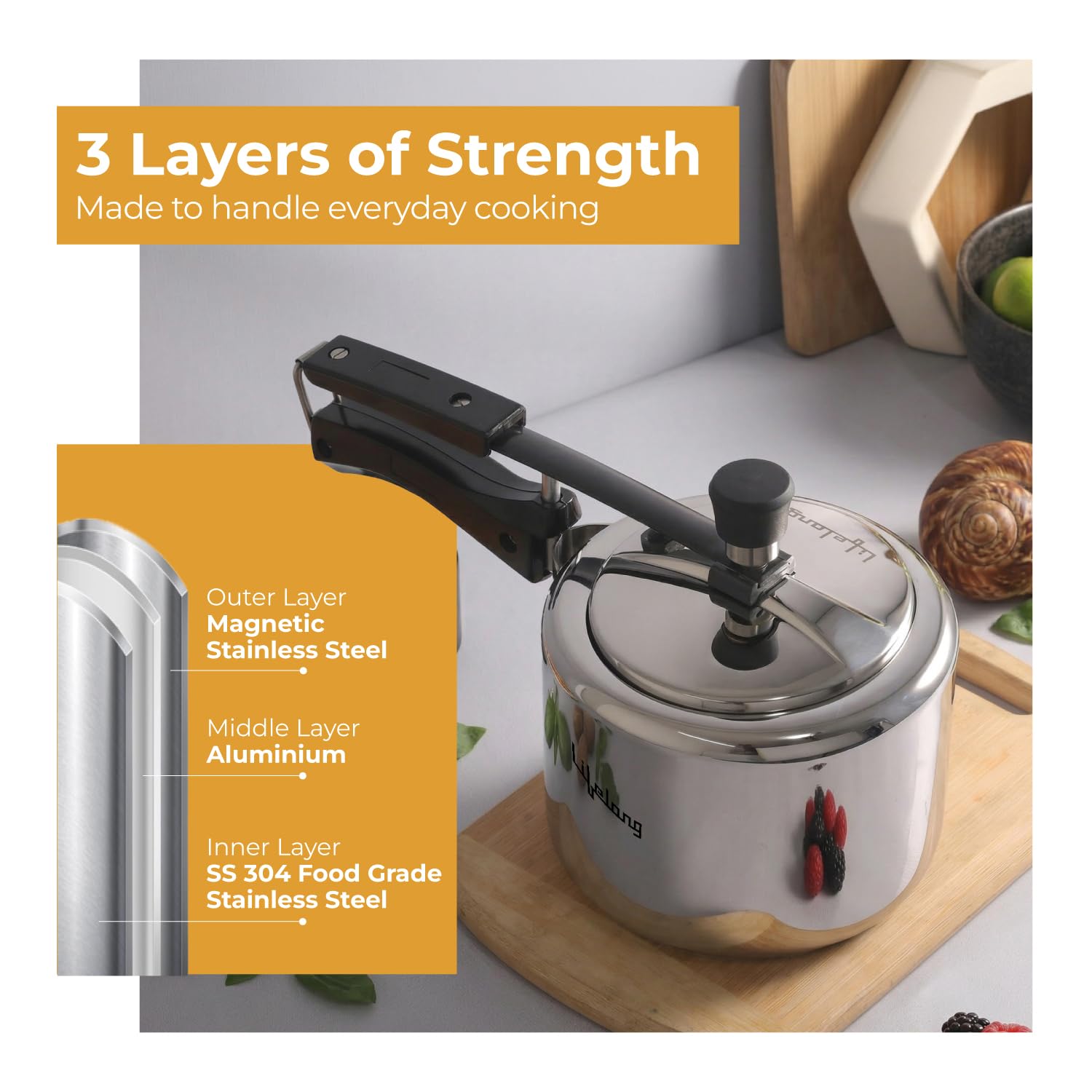 Lifelong 2L Tri Ply Stainless Steel Pressure Cooker | Inner Lid Design | Silicone Gasket | Induction & Gas Compatible for Rice, Dal, Rajma, Chole | 2.5mm Thick | Faster, Even Heating | ISI- Certified