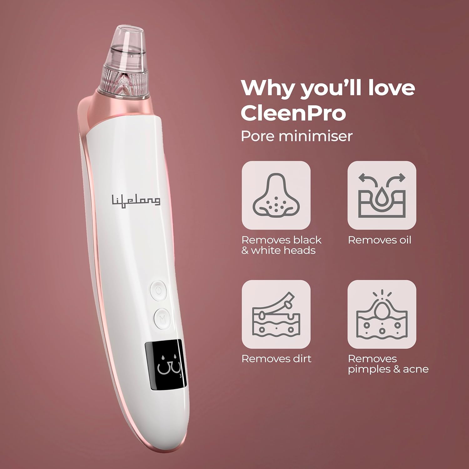 Lifelong Cleen Pro 6-in-1 Blackhead Remover | Electric Facial Pore Cleaner with Suction, LED Display, USB Recharge & 6 Attachments for Women & Men