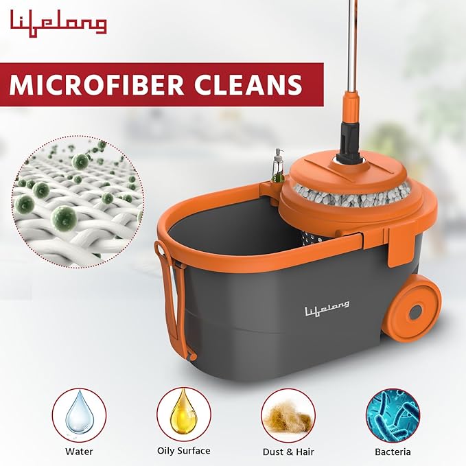 Lifelong 12L Spin Floor Mop Set with 360° Bucket & Microfiber Refills (Orange)