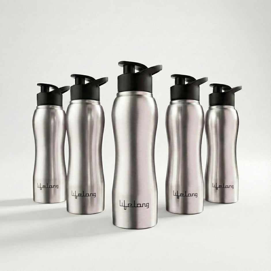 Lifelong 750ml Stainless Steel Water Bottle Pack of 5 | Leak-Proof & Durable | Easy to Clean | Odour-Free | Rust-Free Build, Secure Cap & Easy Grip | Ideal for School, Office, Travel & Gym (Silver)